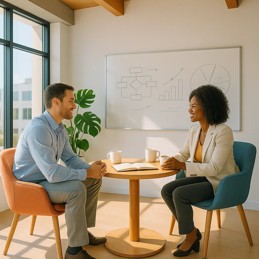 Bright collaborative space with coaching whiteboard and comfortable seating