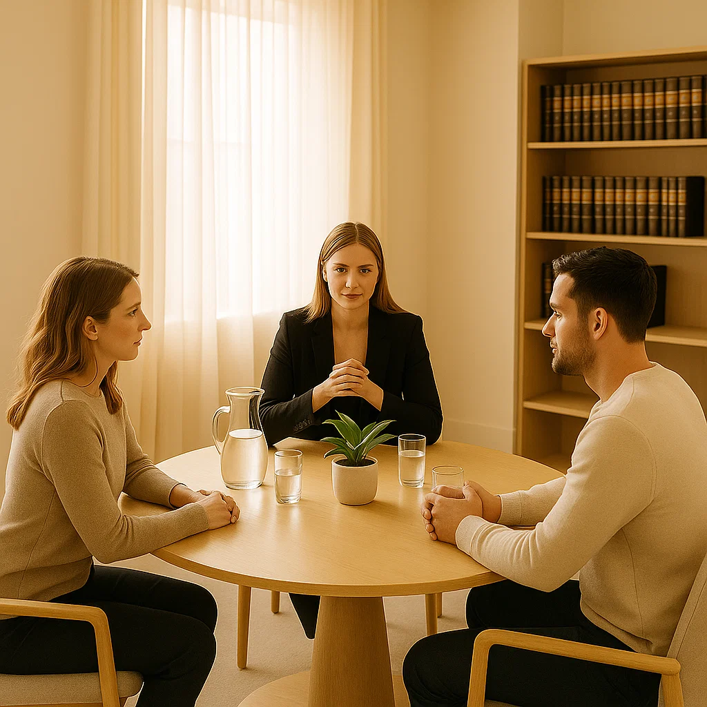 Modern mediation room with round table and comfortable chairs
